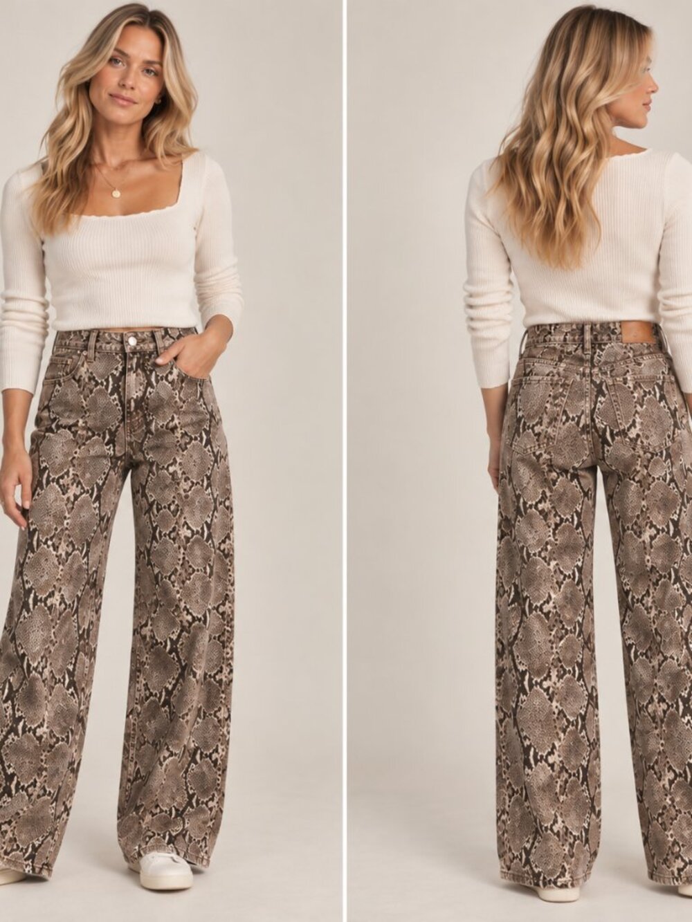 H&M Snake Print Wide Leg Jeans Brown Taupe 100% Cotton Size 8 NWT